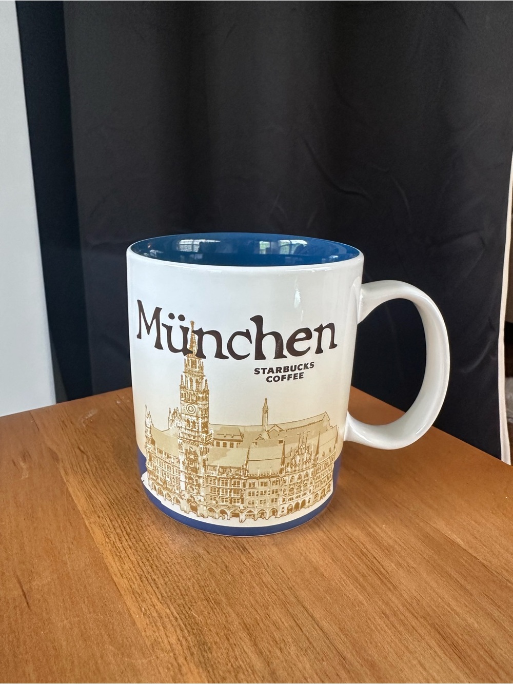 Starbucks München White Mug with Blue Interior and Gold Cityscape